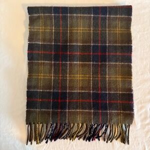 Barbour Lambswool Angora Plaid Tartan Scarf Olive Green Navy Blue Brown 52x11.5